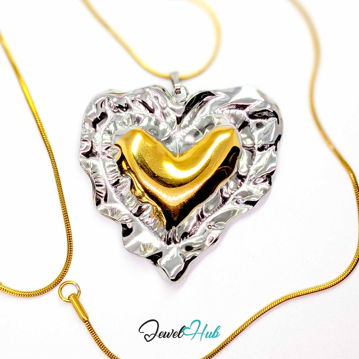 Giant Wrinkle Heart pendant in DuoTone stainless steel - on a gold-tone stainless steel chain - JewelHub