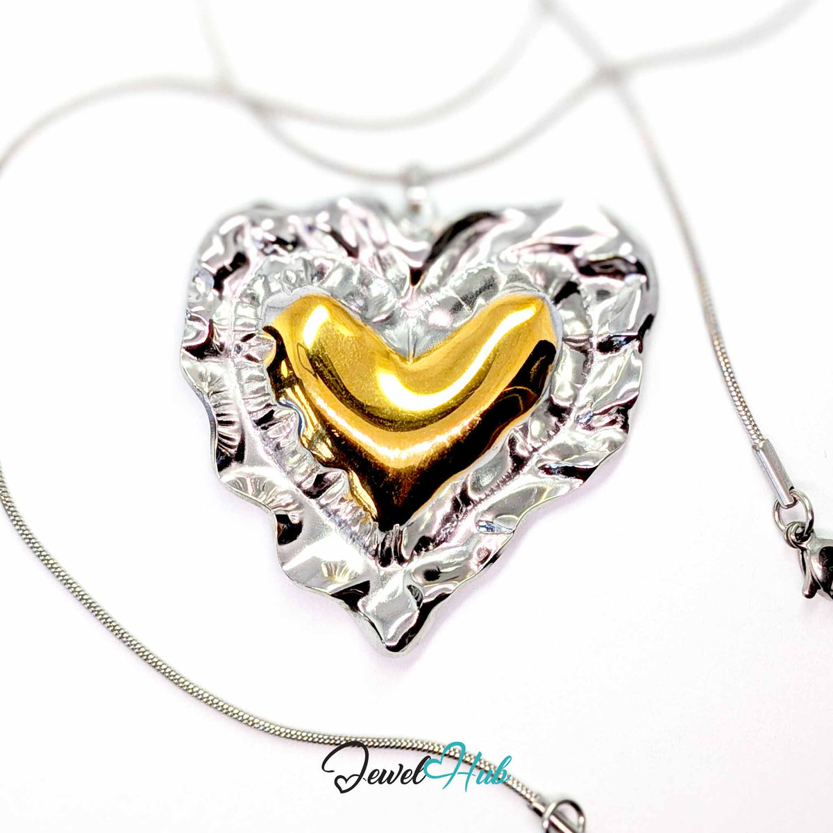 Giant Wrinkle Heart pendant in DuoTone stainless steel - on a silver-tone stainless steel chain - JewelHub