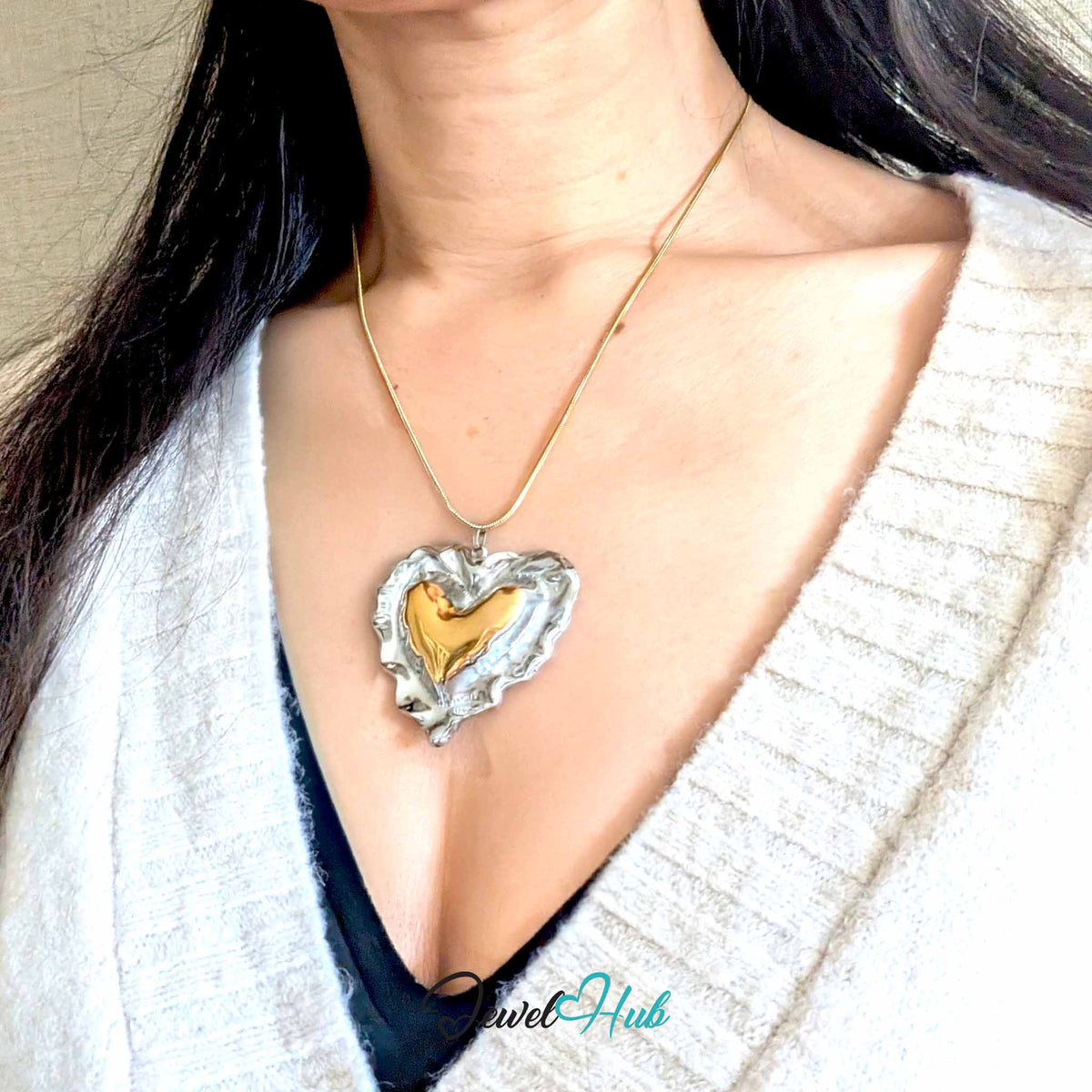 Giant Wrinkle Heart pendant in DuoTone stainless steel - worn on the neck - JewelHub