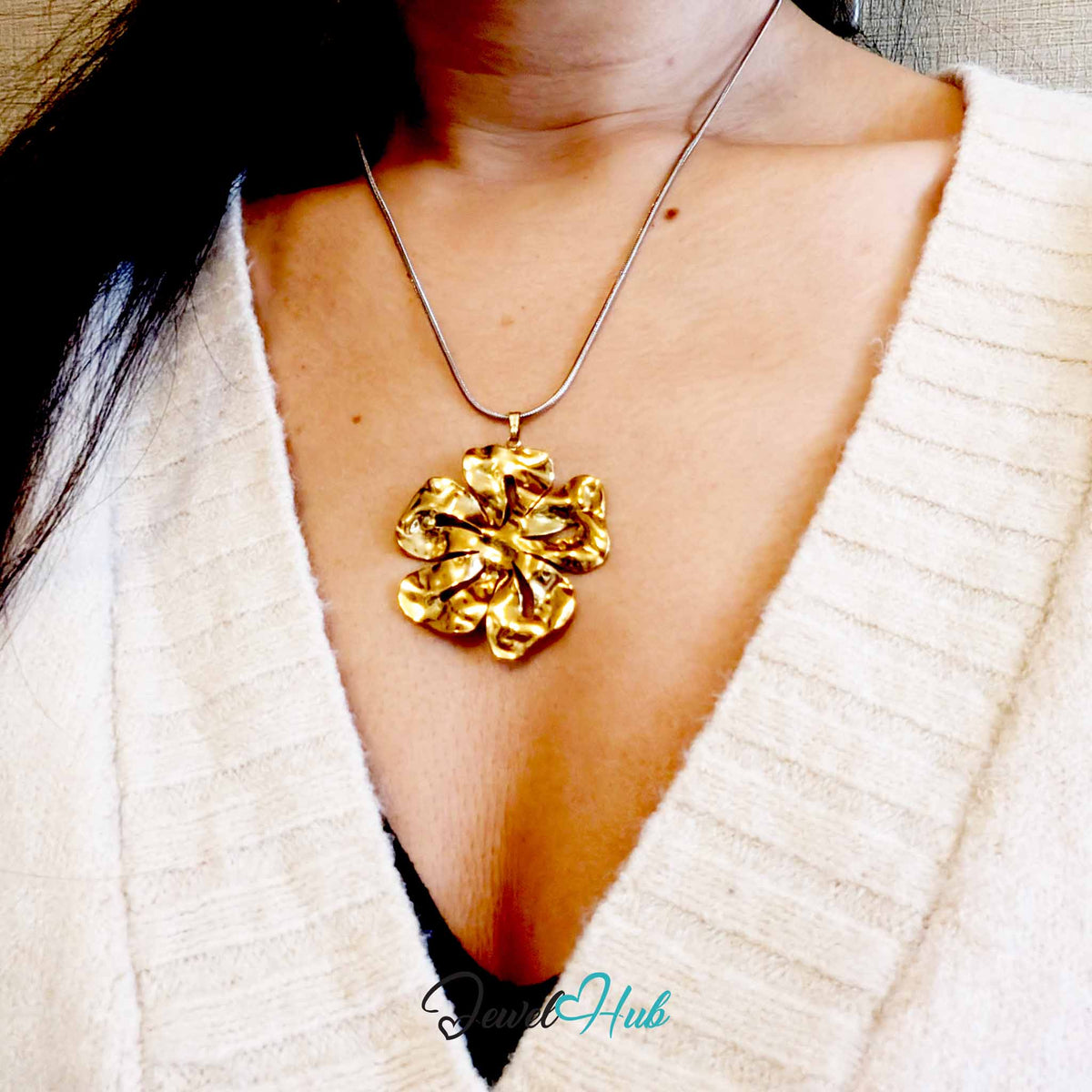 Giant Flower pendant in gold-tone stainless steel - worn on the neck - JewelHub