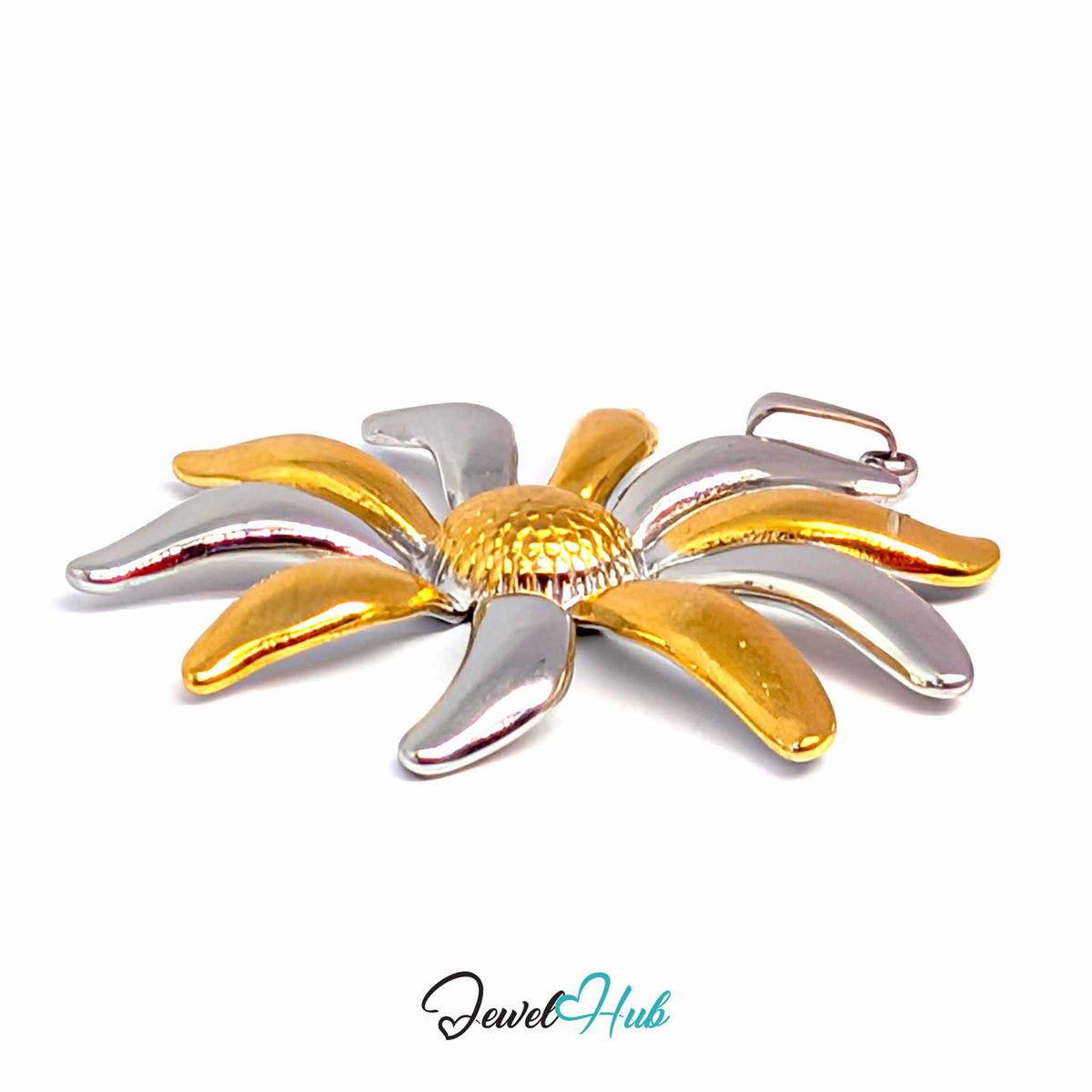 Sunflower pendant in DuoTone stainless steel - close-up detail - JewelHub