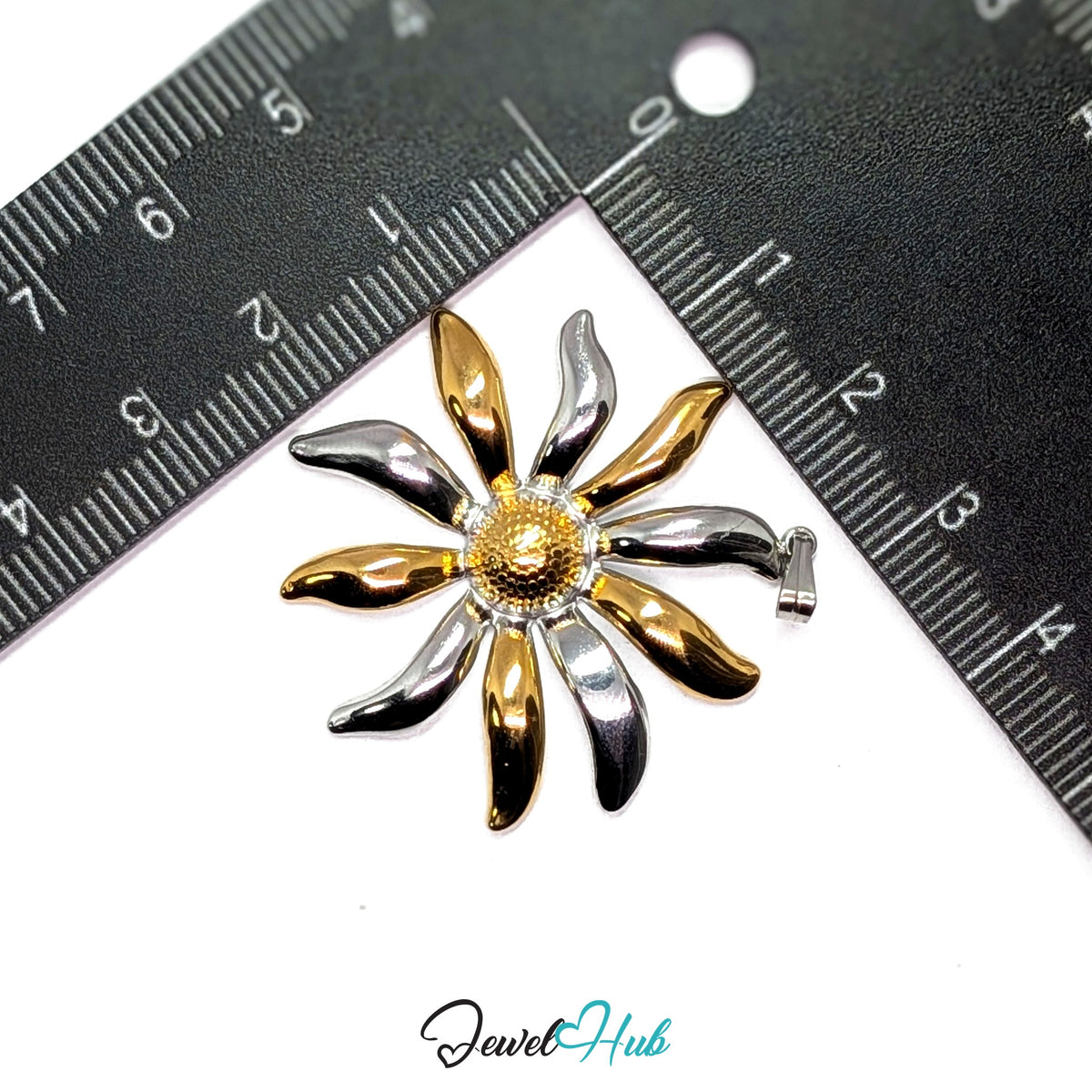 Sunflower pendant in DuoTone stainless steel - measurement with ruler - JewelHub
