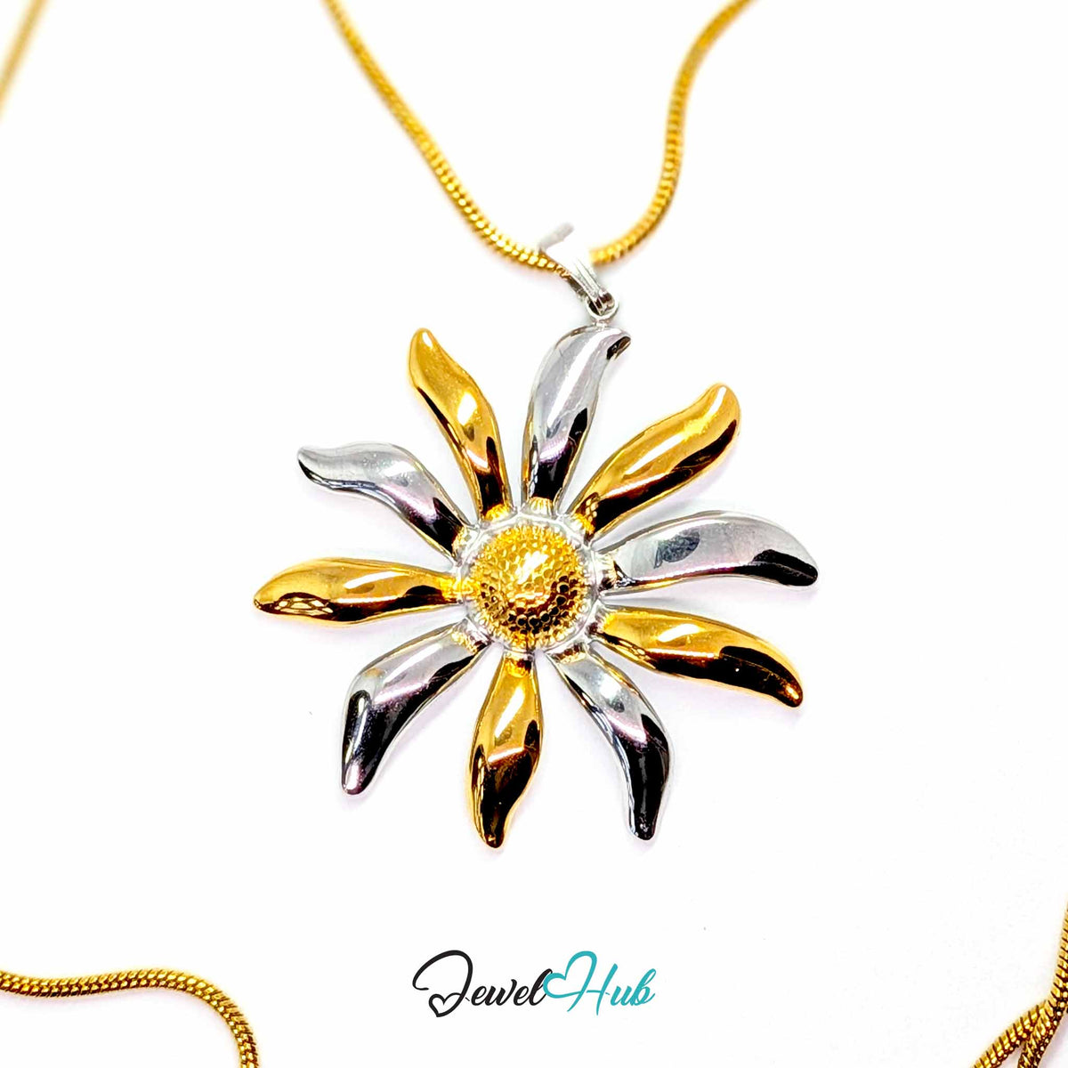 Sunflower pendant in DuoTone stainless steel - on a gold-tone stainless steel chain - JewelHub