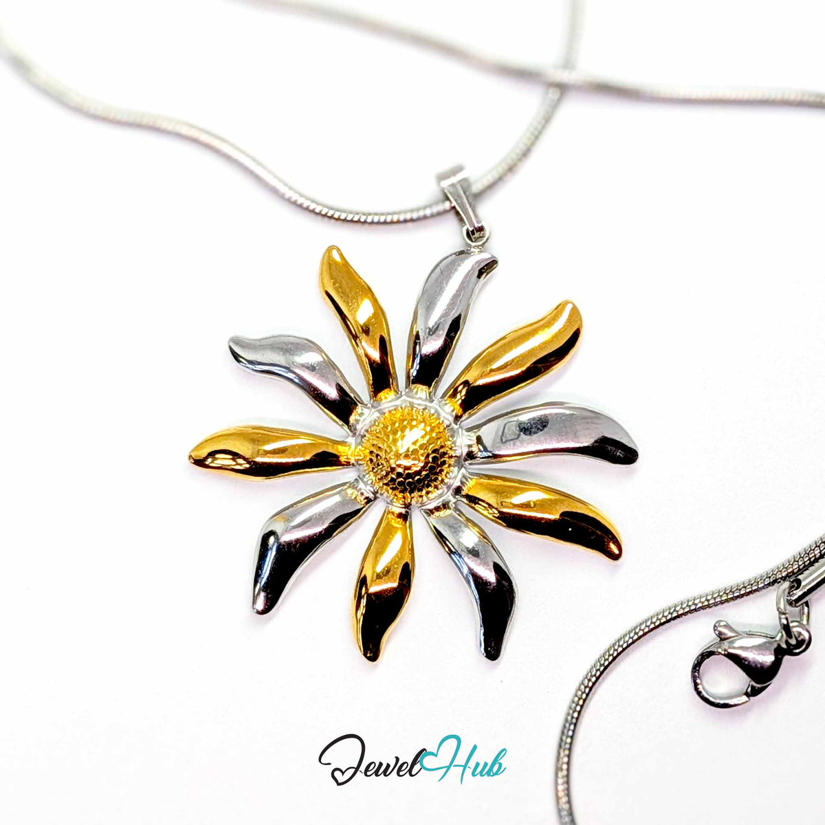 Sunflower pendant in DuoTone stainless steel - on a silver-tone stainless steel chain - JewelHub