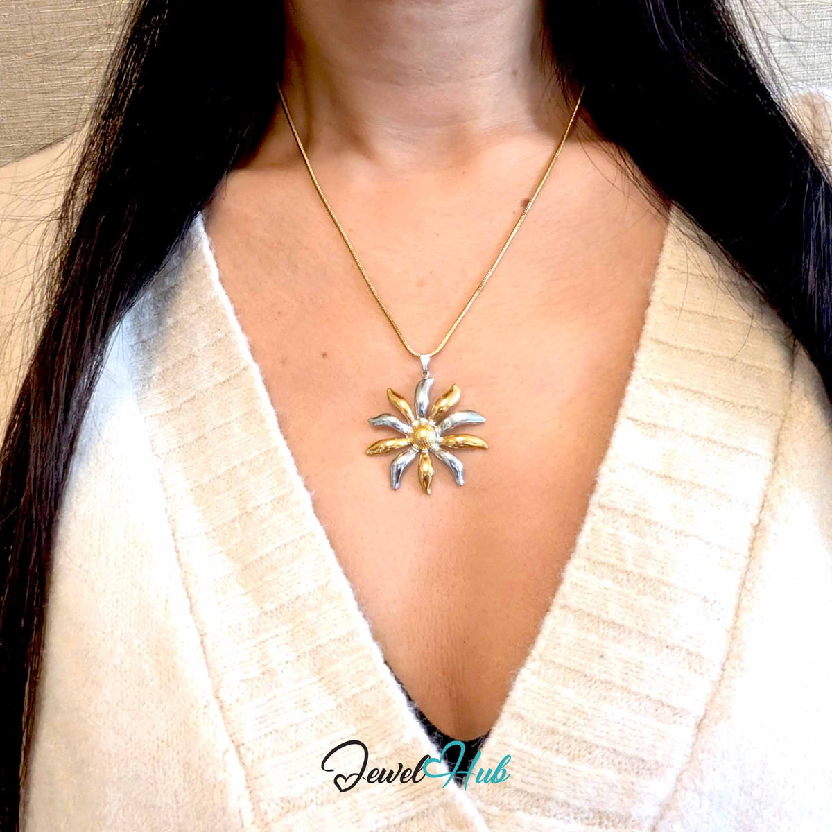 Sunflower pendant in DuoTone stainless steel - worn on the neck - JewelHub
