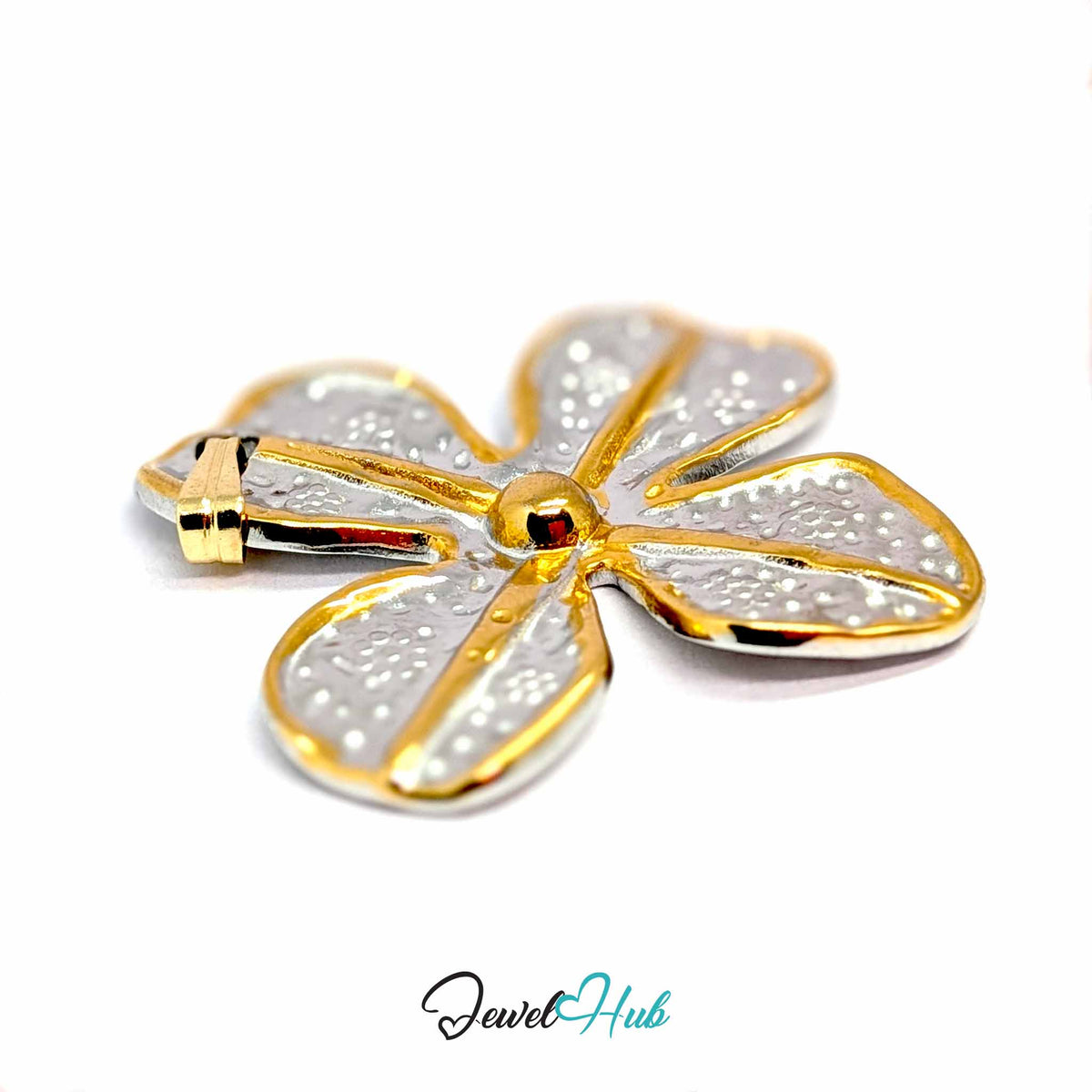 Four Petal Flower pendant in DuoTone stainless steel - close-up detail - JewelHub
