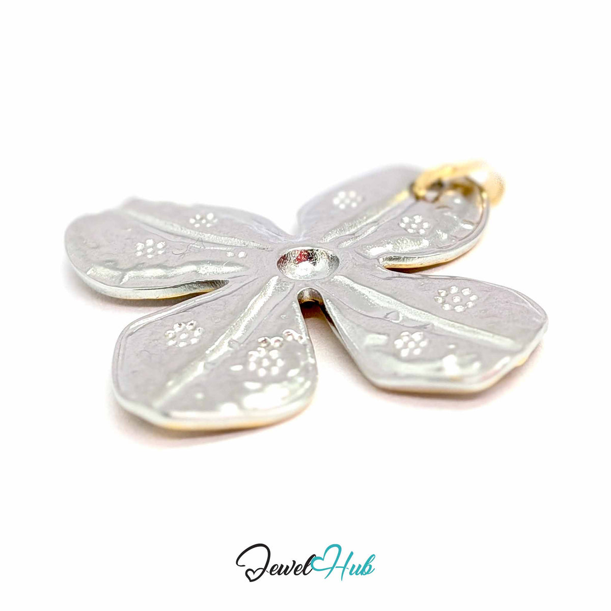 Four Petal Flower pendant in DuoTone stainless steel - angled close-up - JewelHub