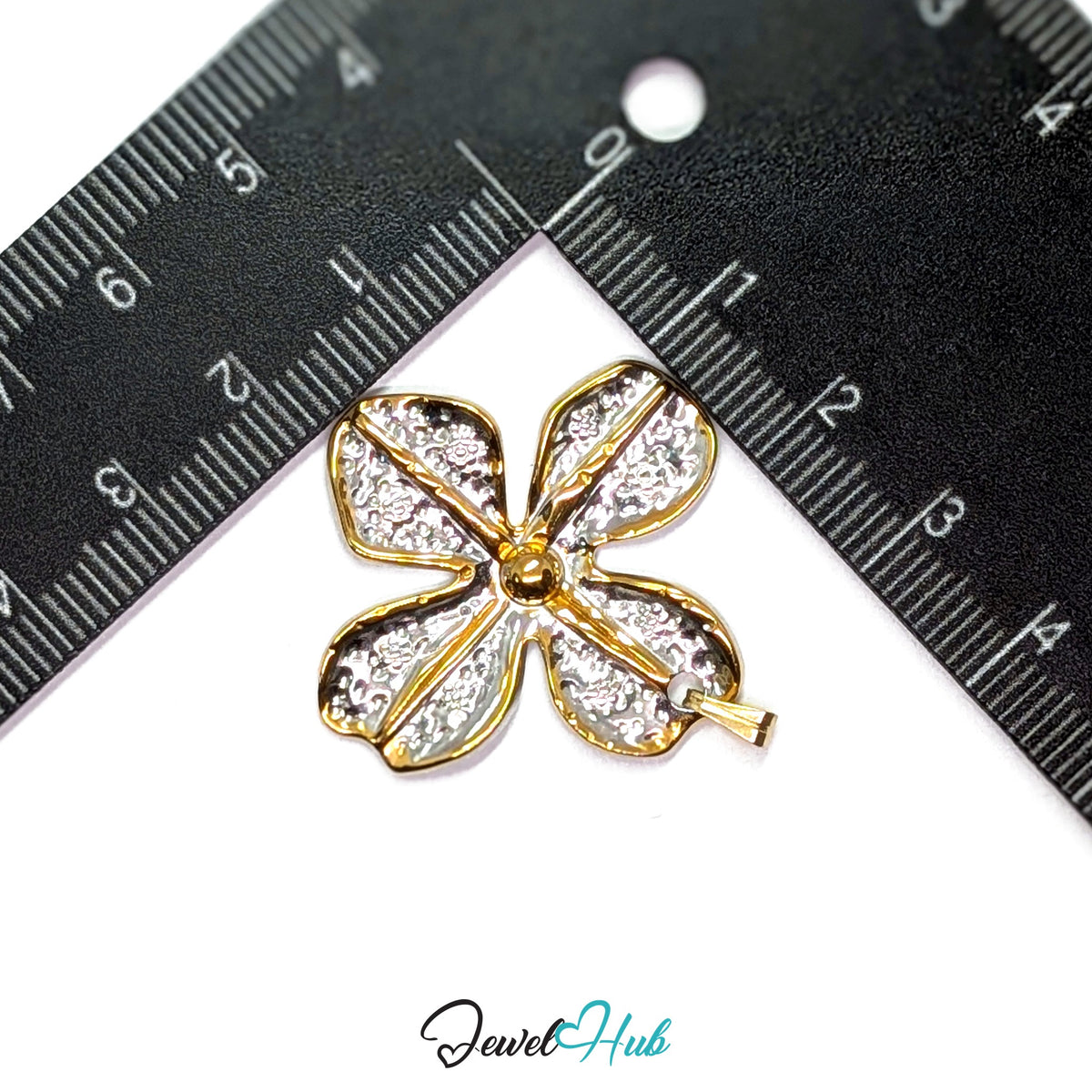 Four Petal Flower pendant in DuoTone stainless steel - measurement with ruler - JewelHub