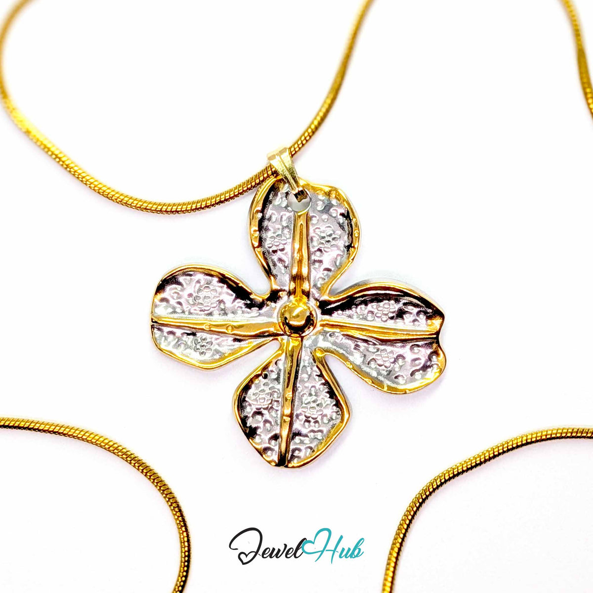 Four Petal Flower pendant in DuoTone stainless steel - on a gold-tone stainless steel chain - JewelHub