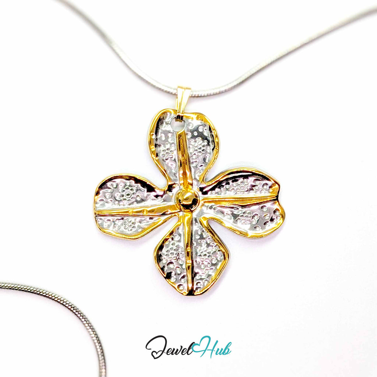 Four Petal Flower pendant in DuoTone stainless steel - on a silver-tone stainless steel chain - JewelHub