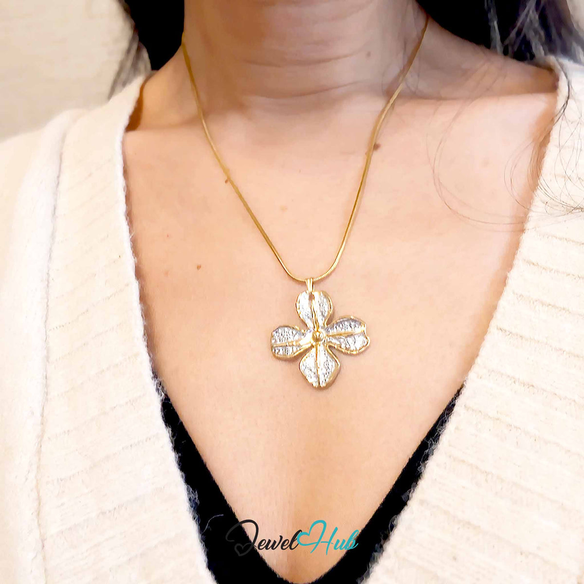 Four Petal Flower pendant in DuoTone stainless steel - worn on the neck - JewelHub
