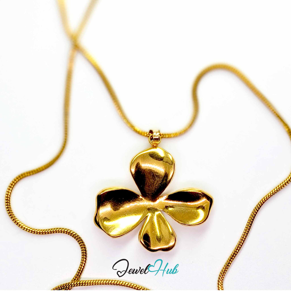 Gold Wavy Four Petal Flower pendant in gold-tone stainless steel - on a gold-tone stainless steel chain - JewelHub