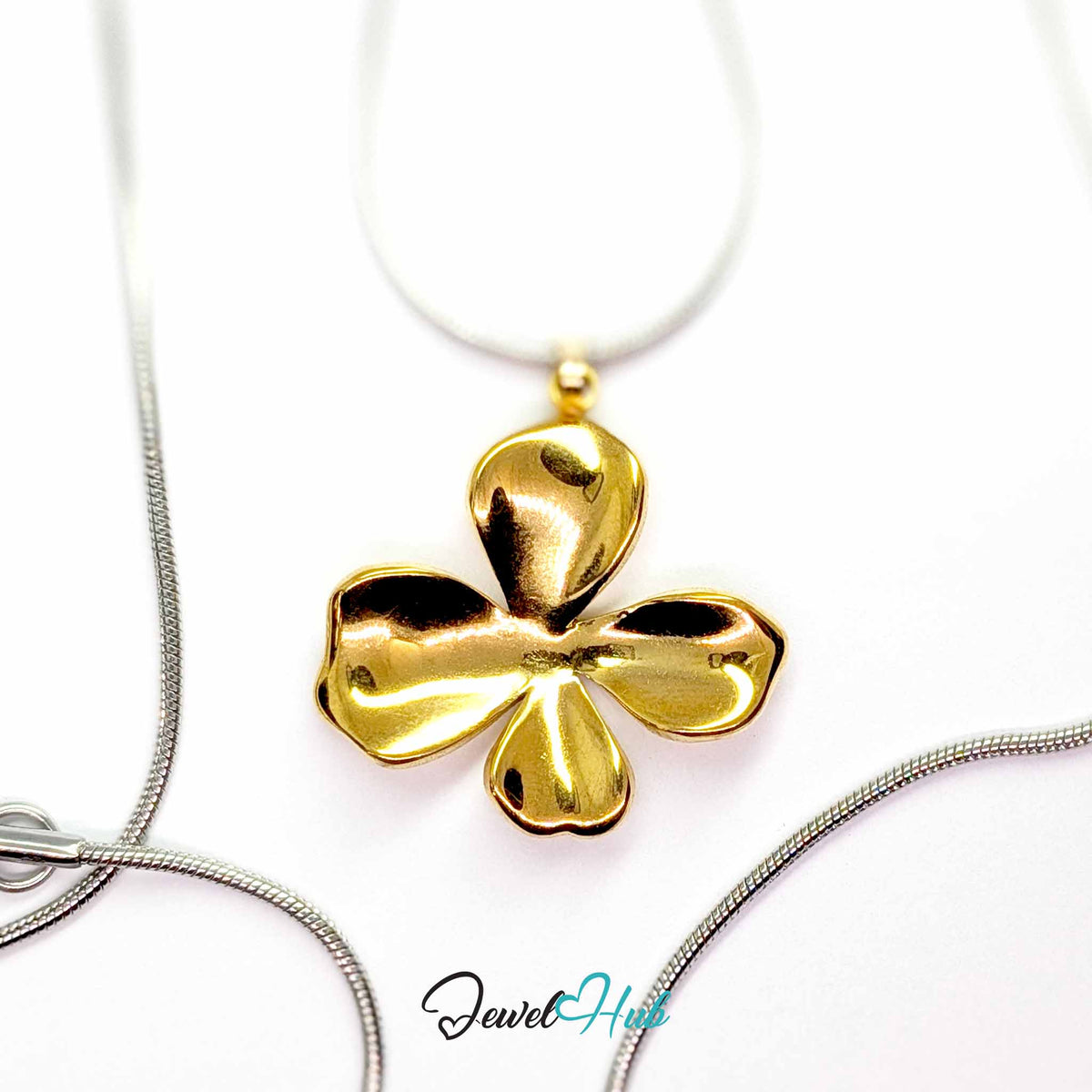 Gold Wavy Four Petal Flower pendant in gold-tone stainless steel - on a silver-tone stainless steel chain - JewelHub