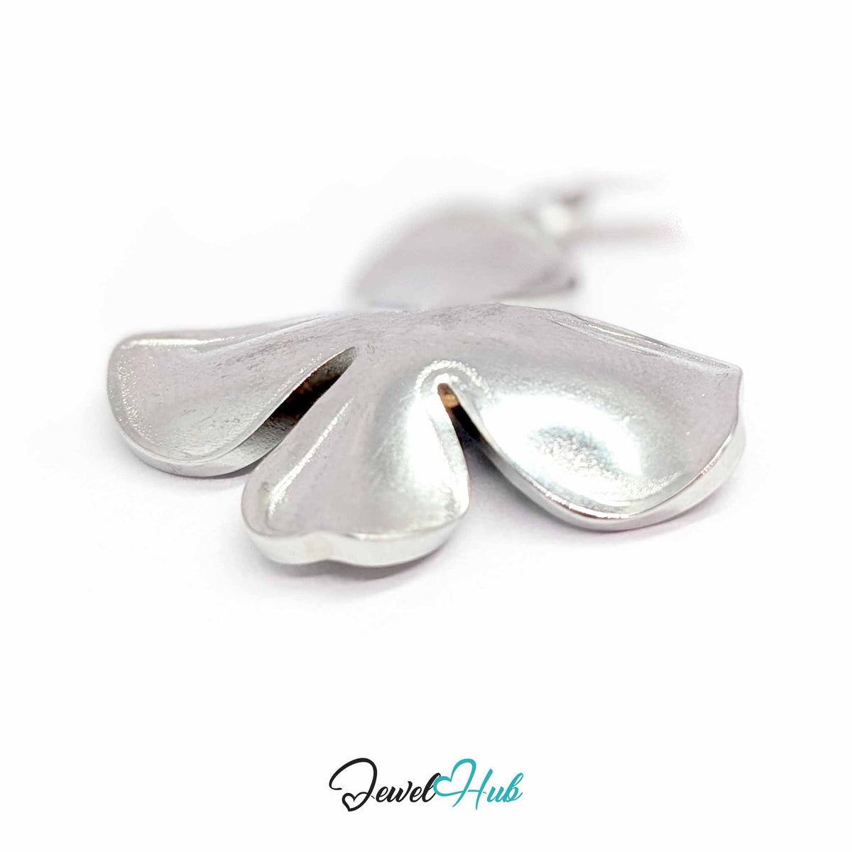 Silver Wavy Four Petal Flower pendant in silver-tone stainless steel - angled close-up - JewelHub