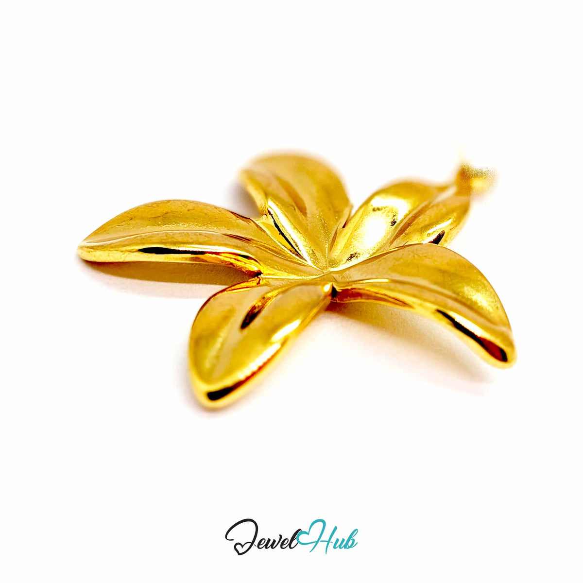 Gold Five Long Petal Flower pendant in gold-tone stainless steel - close-up detail - JewelHub