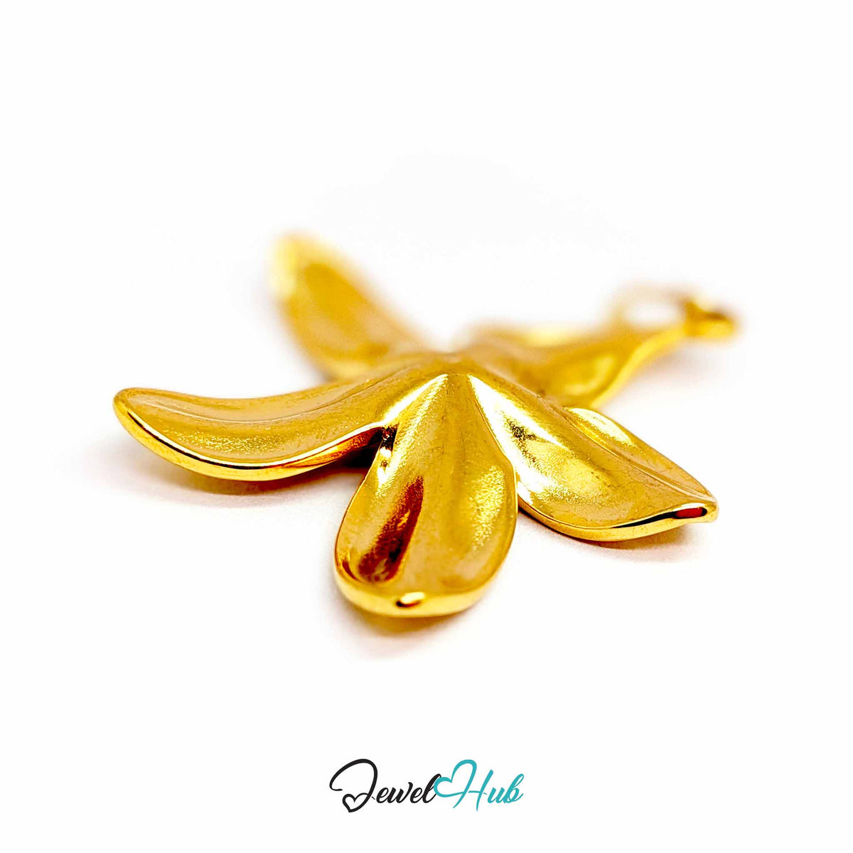 Gold Five Long Petal Flower pendant in gold-tone stainless steel - angled close-up - JewelHub