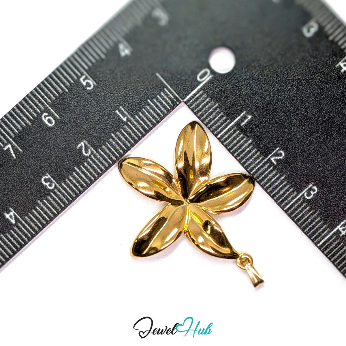 Gold Five Long Petal Flower pendant in gold-tone stainless steel - measurement with ruler - JewelHub