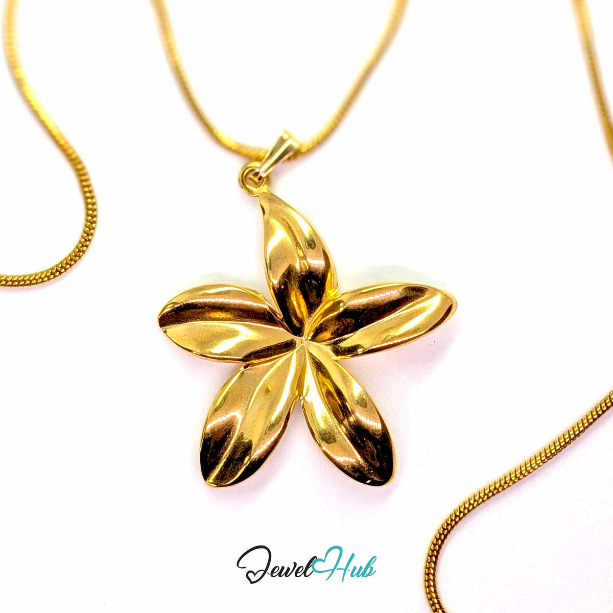 Gold Five Long Petal Flower pendant in gold-tone stainless steel - on a gold-tone stainless steel chain - JewelHub