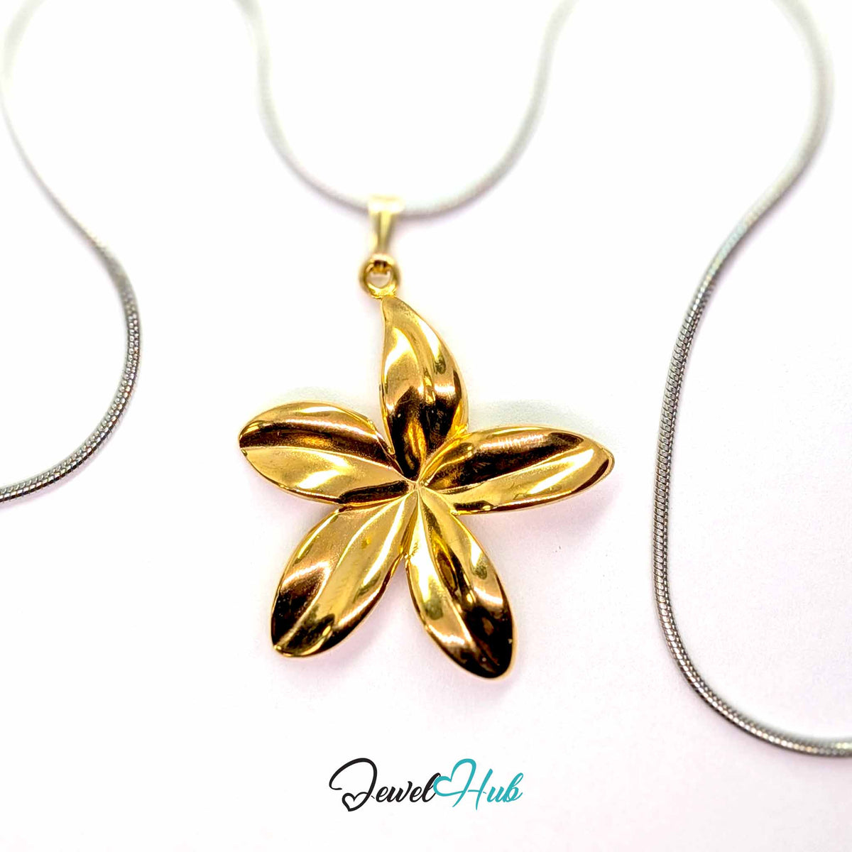Gold Five Long Petal Flower pendant in gold-tone stainless steel - on a silver-tone stainless steel chain - JewelHub