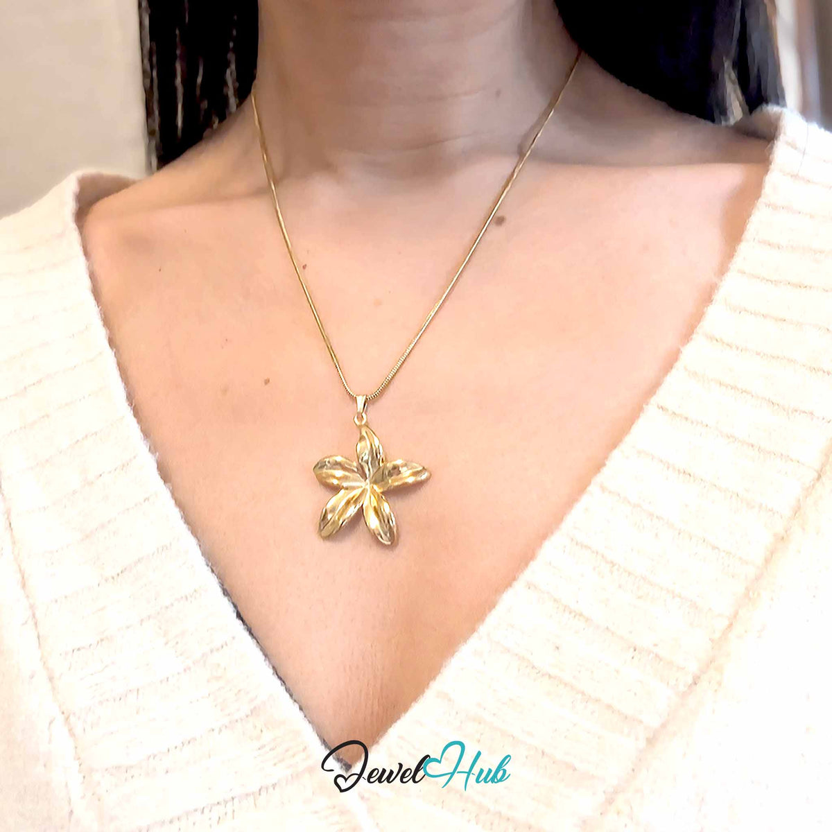 Gold Five Long Petal Flower pendant in gold-tone stainless steel - worn on the neck - JewelHub