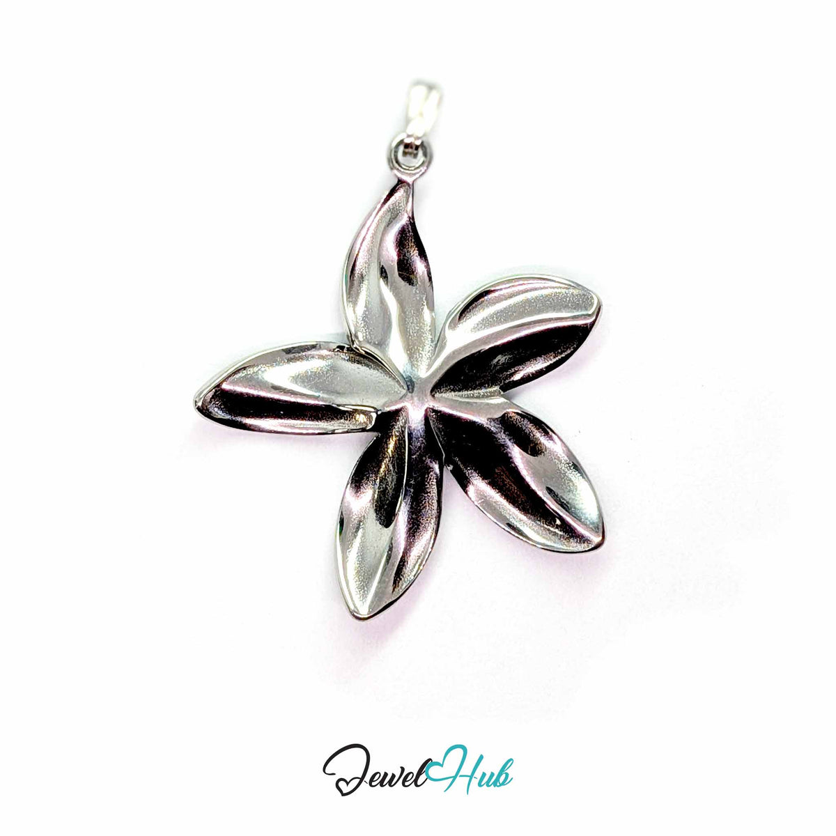 Silver Five Long Petal Flower pendant in silver-tone stainless steel - back view - JewelHub