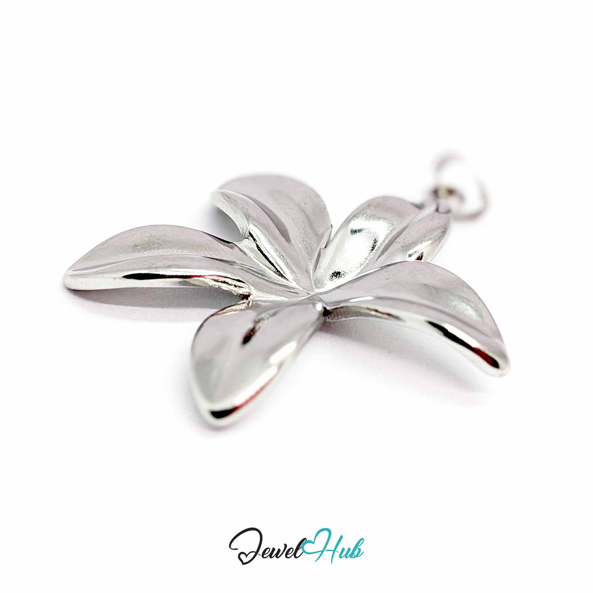 Silver Five Long Petal Flower pendant in silver-tone stainless steel - close-up detail - JewelHub