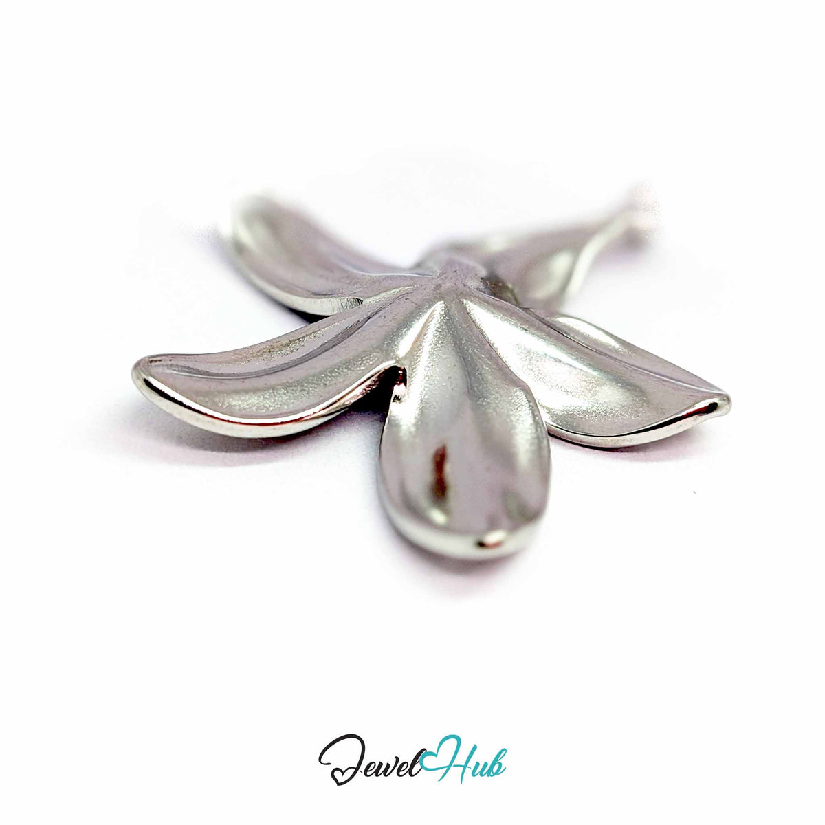 Silver Five Long Petal Flower pendant in silver-tone stainless steel - angled close-up - JewelHub