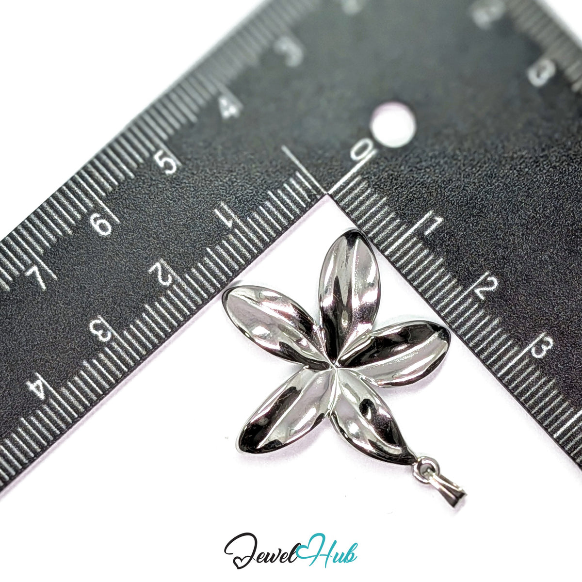 Silver Five Long Petal Flower pendant in silver-tone stainless steel - measurement with ruler - JewelHub