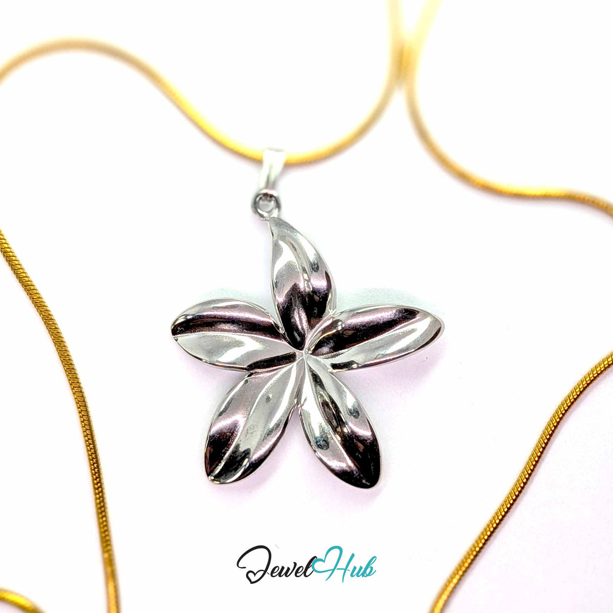 Silver Five Long Petal Flower pendant in silver-tone stainless steel - on a gold-tone stainless steel chain - JewelHub