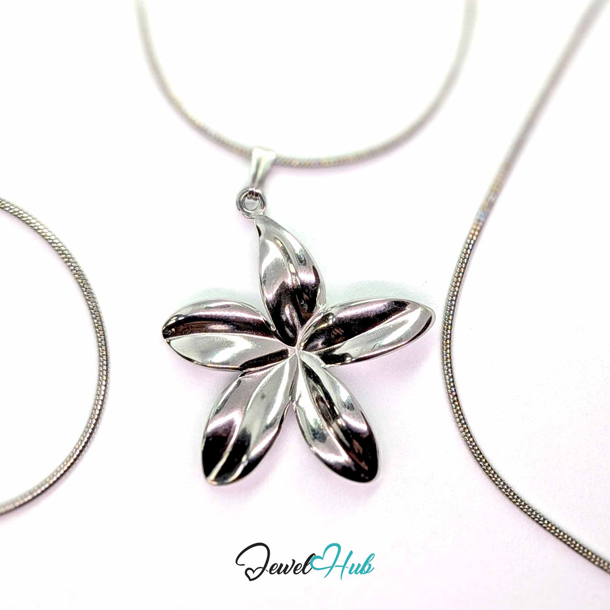 Silver Five Long Petal Flower pendant in silver-tone stainless steel - on a silver-tone stainless steel chain - JewelHub