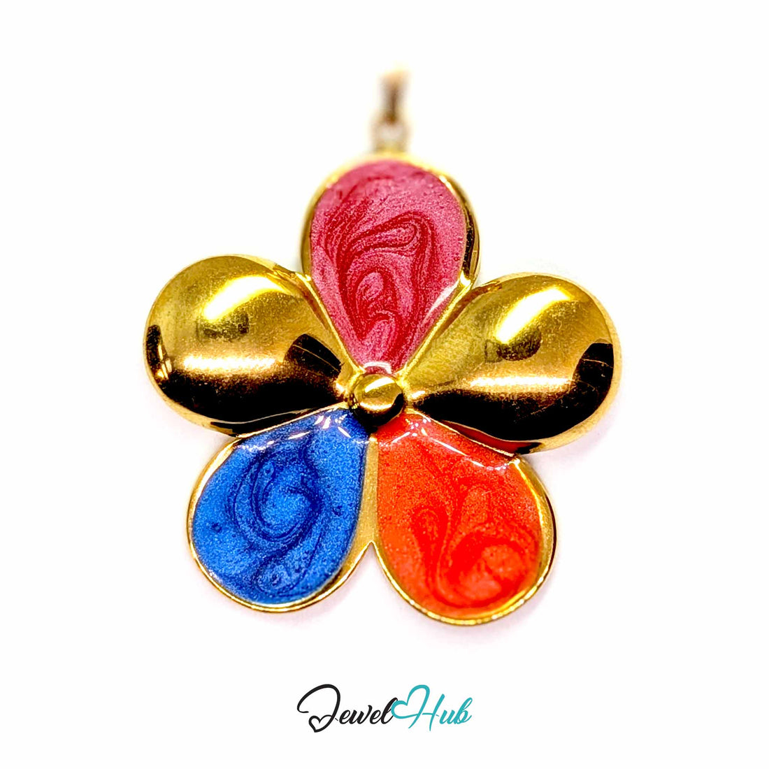 Pink, Coral and Blue Enamel Flower pendant in gold-tone stainless steel - front view - JewelHub