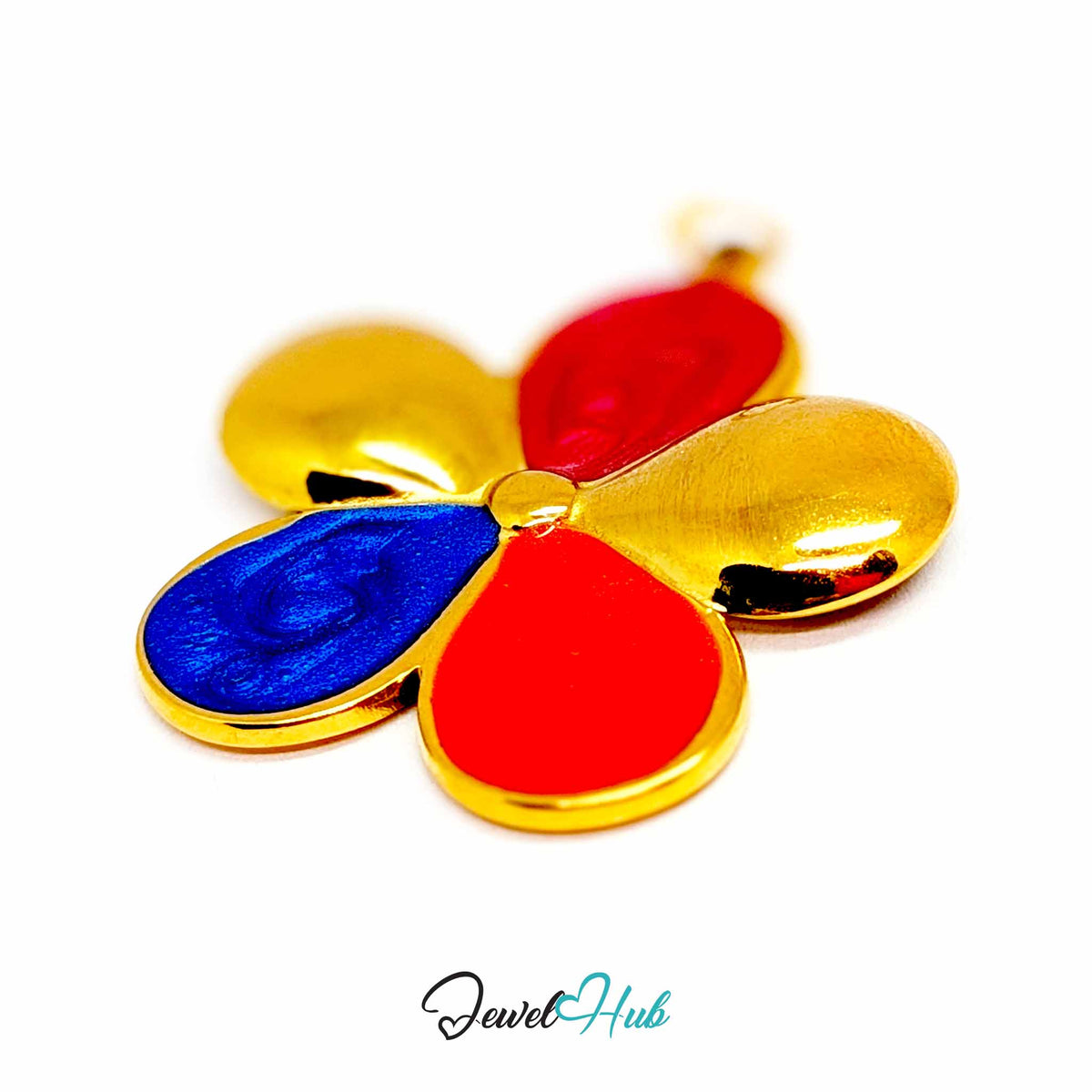 Pink, Coral and Blue Enamel Flower pendant in gold-tone stainless steel - close-up detail - JewelHub