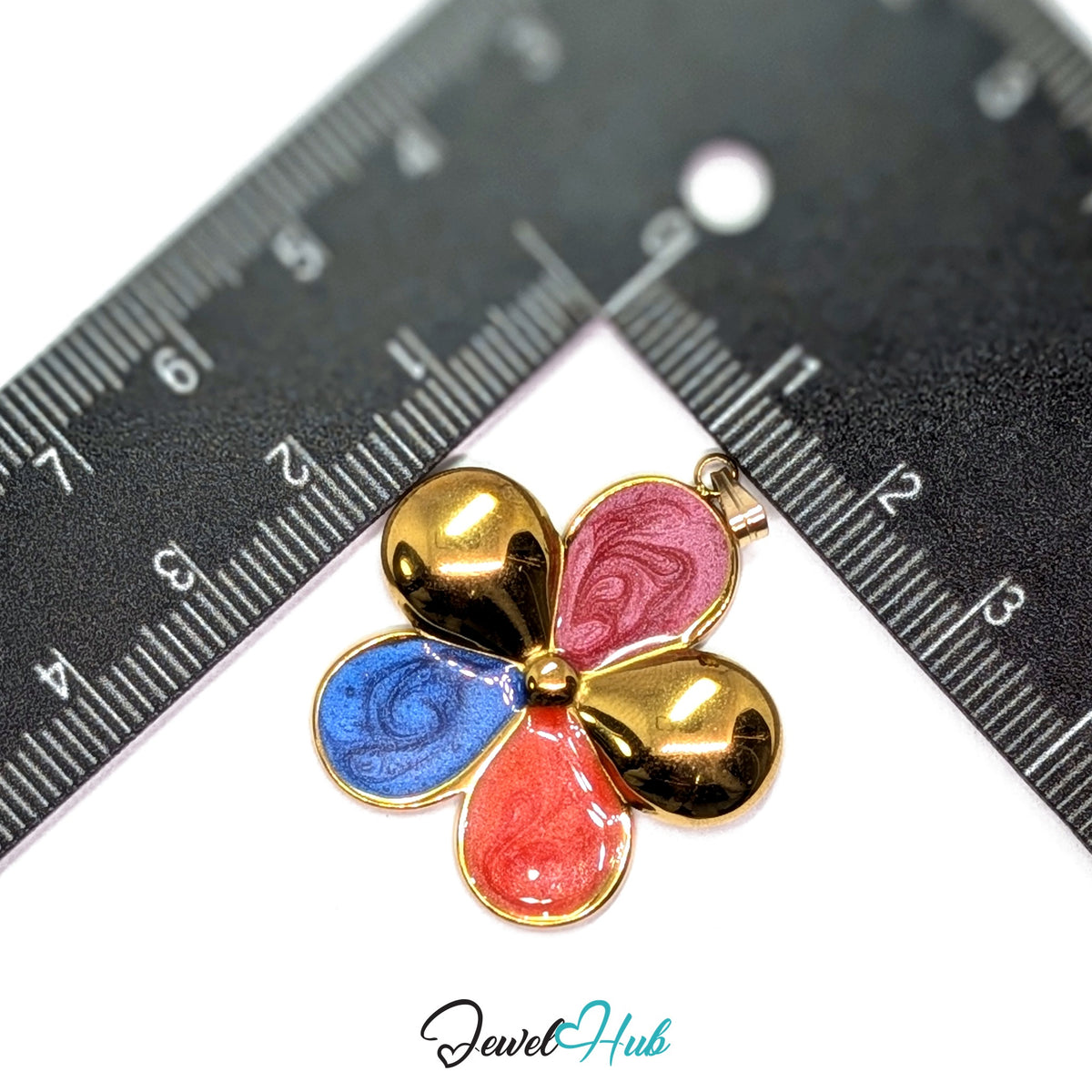Pink, Coral and Blue Enamel Flower pendant in gold-tone stainless steel - measurement with ruler - JewelHub