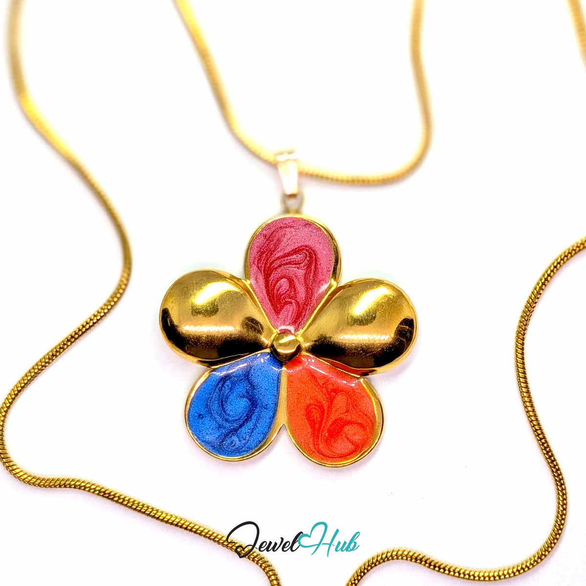 Pink, Coral and Blue Enamel Flower pendant in gold-tone stainless steel - on a gold-tone stainless steel chain - JewelHub