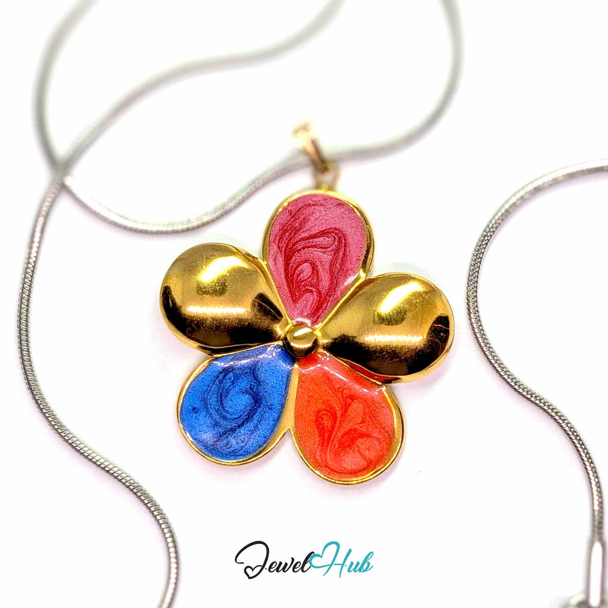 Pink, Coral and Blue Enamel Flower pendant in gold-tone stainless steel - on a silver-tone stainless steel chain - JewelHub