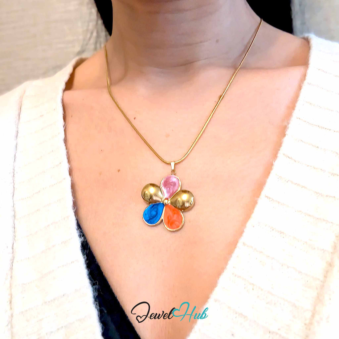 Pink, Coral and Blue Enamel Flower pendant in gold-tone stainless steel - front view - JewelHub