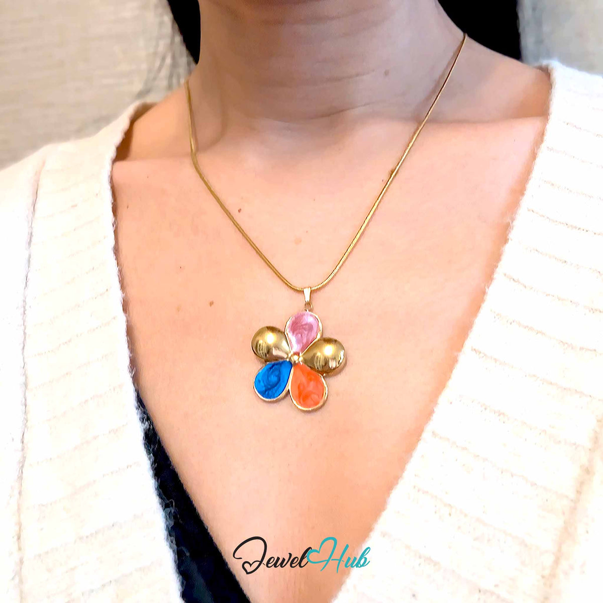 Pink, Coral and Blue Enamel Flower pendant in gold-tone stainless steel - worn on the neck - JewelHub