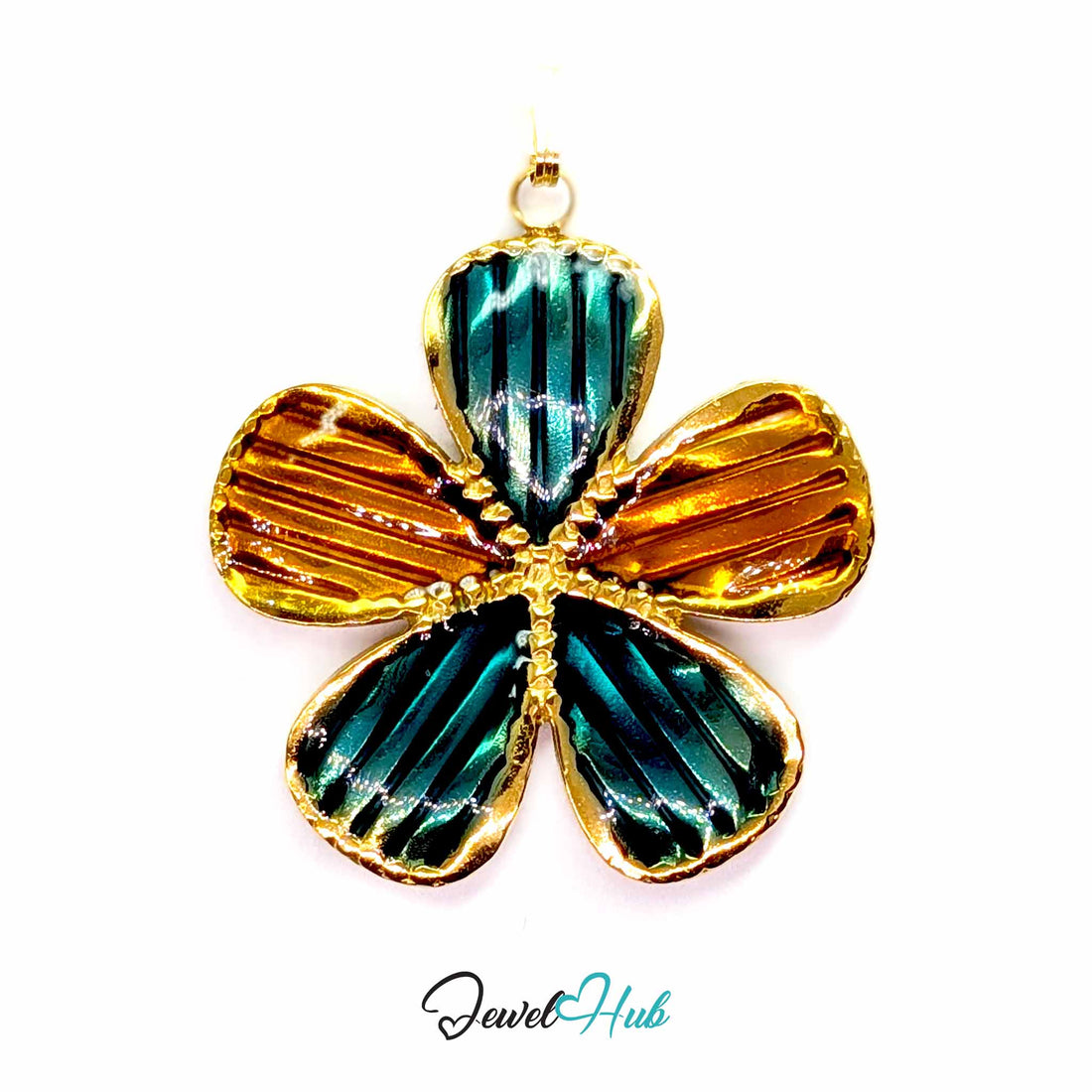 Teal and Amber Enamel Flower pendant in gold-tone stainless steel - front view - JewelHub
