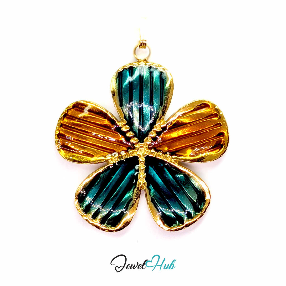Teal and Amber Enamel Flower pendant in gold-tone stainless steel - front view - JewelHub