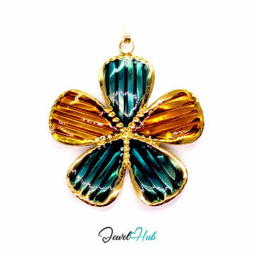 Teal and Amber Enamel Flower pendant in gold-tone stainless steel - front view - JewelHub