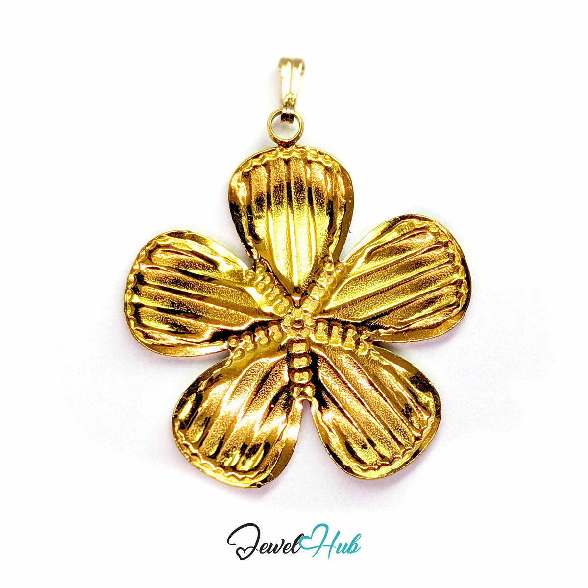 Teal and Amber Enamel Flower pendant in gold-tone stainless steel - back view - JewelHub
