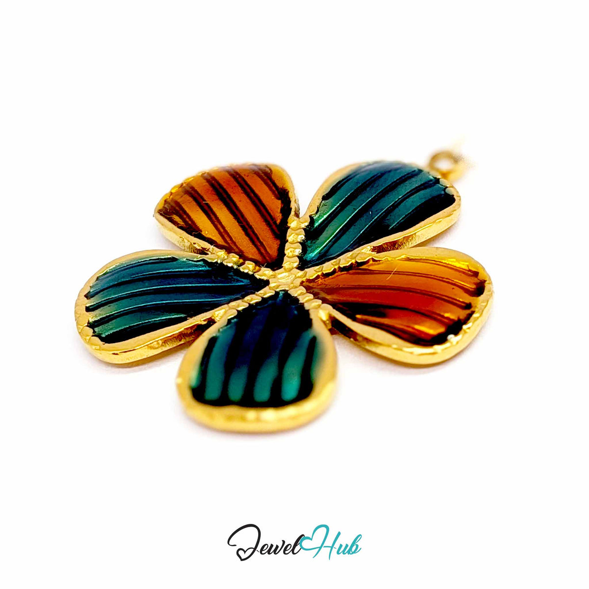 Teal and Amber Enamel Flower pendant in gold-tone stainless steel - close-up detail - JewelHub