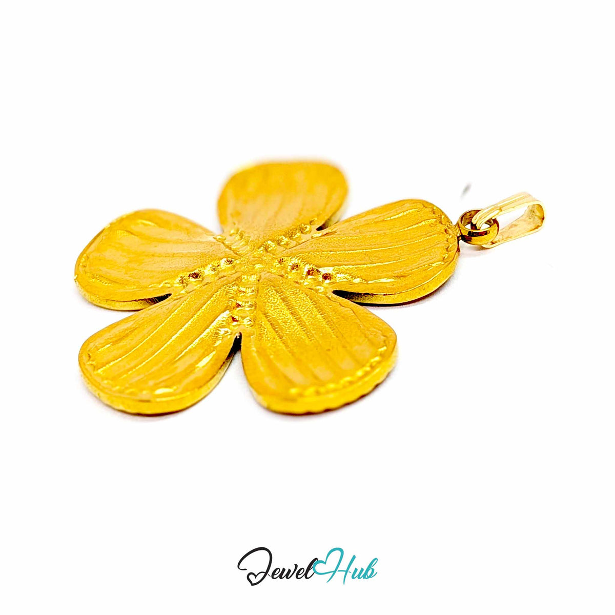 Teal and Amber Enamel Flower pendant in gold-tone stainless steel - angled close-up - JewelHub