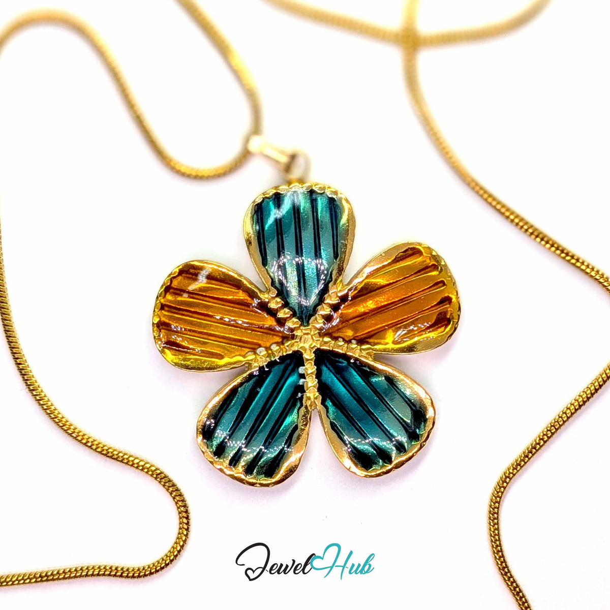 Teal and Amber Enamel Flower pendant in gold-tone stainless steel - on a gold-tone stainless steel snake chain - JewelHub