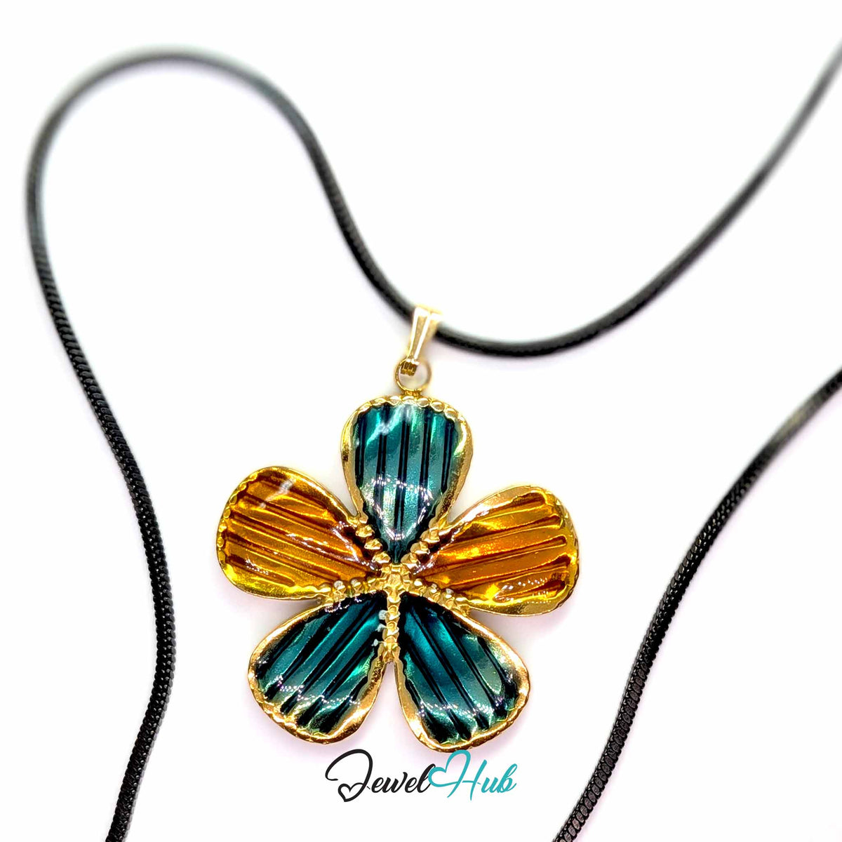 Teal and Amber Enamel Flower pendant in gold-tone stainless steel - on a black stainless steel snake chain - JewelHub