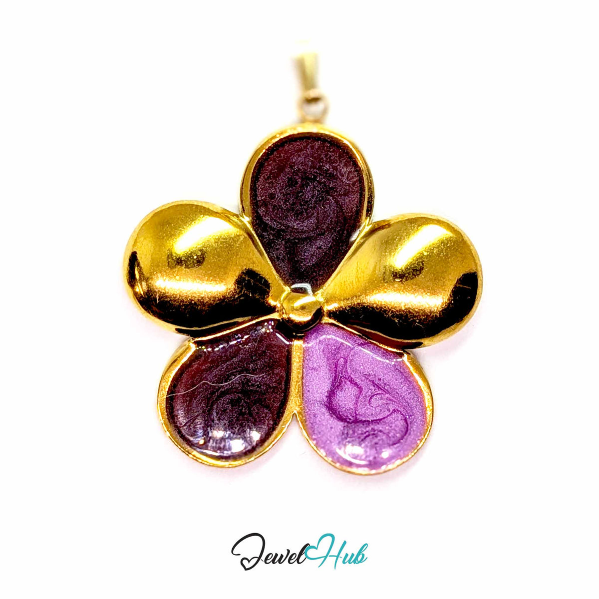 Plum and Lilac Enamel Flower pendant in gold-tone stainless steel - front view - JewelHub