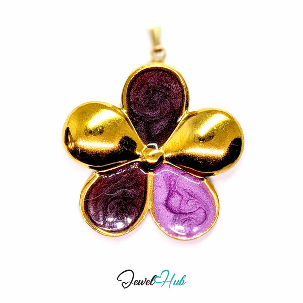 Plum and Lilac Enamel Flower pendant in gold-tone stainless steel - front view - JewelHub