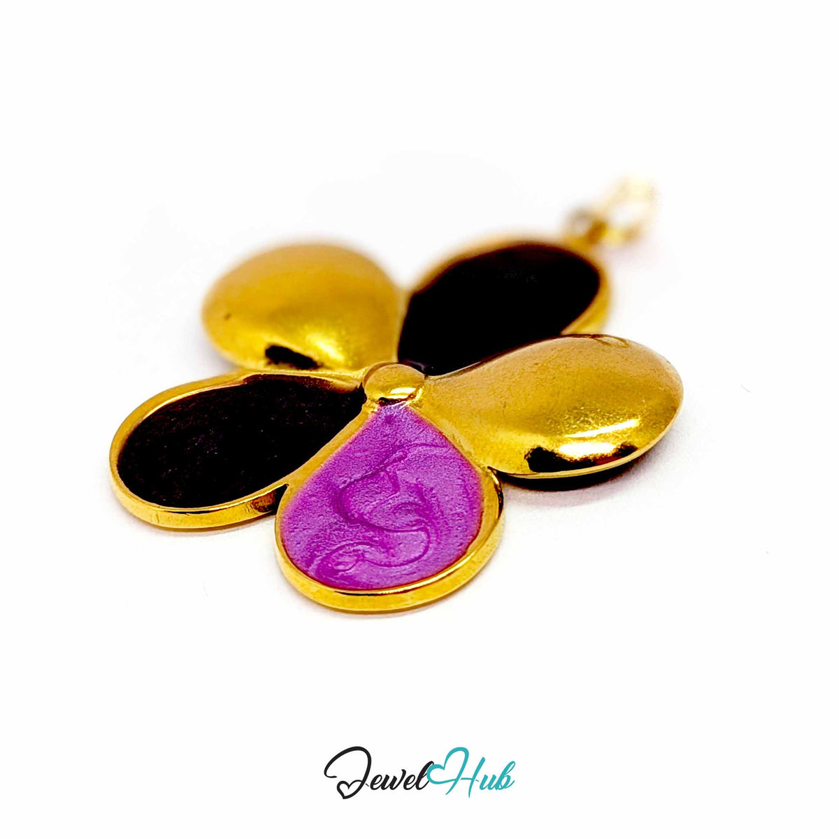 Plum and Lilac Enamel Flower pendant in gold-tone stainless steel - close-up detail - JewelHub