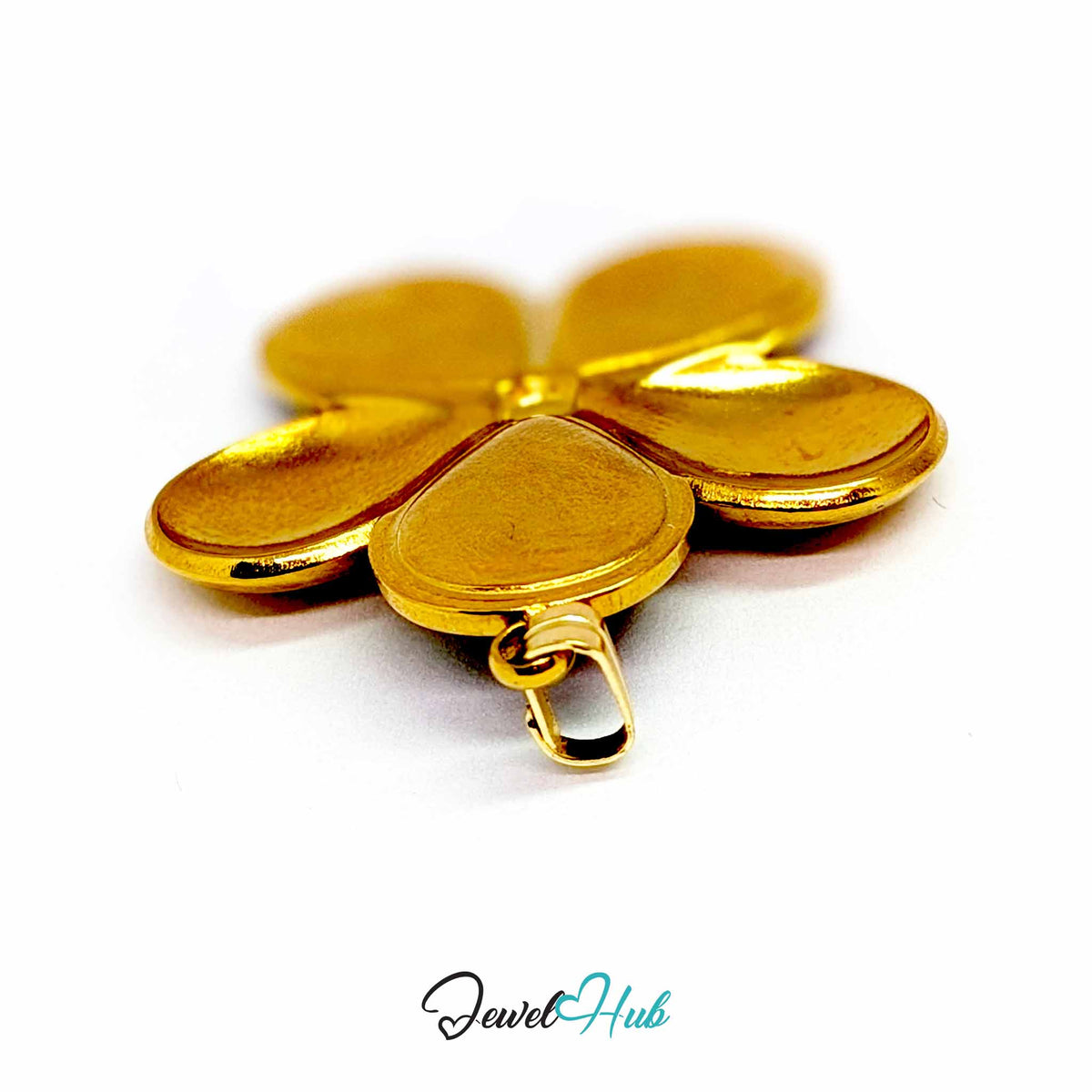 Plum and Lilac Enamel Flower pendant in gold-tone stainless steel - angled close-up - JewelHub