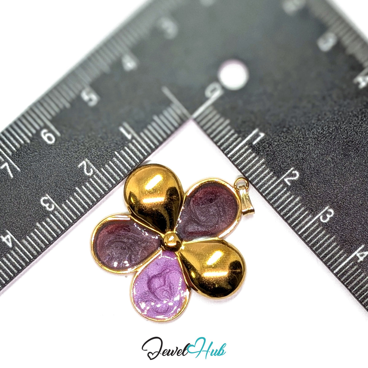 Plum and Lilac Enamel Flower pendant in gold-tone stainless steel - measurement with ruler - JewelHub